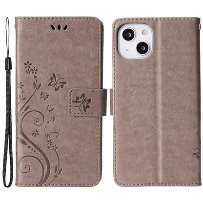 For iPhone 15 Imprinted Butterflies Mobile Phone  Stand Case PU Leather Wallet Shell with Strap