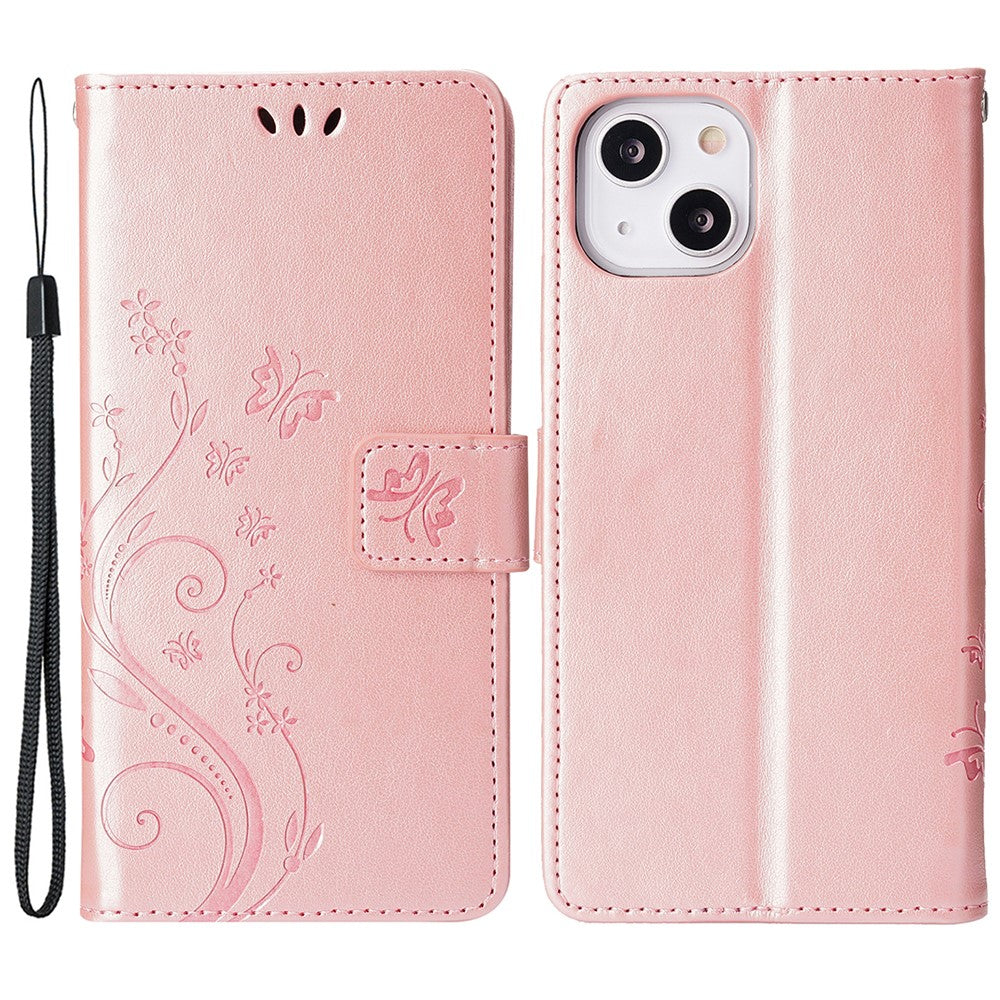 For iPhone 15 Imprinted Butterflies Mobile Phone  Stand Case PU Leather Wallet Shell with Strap