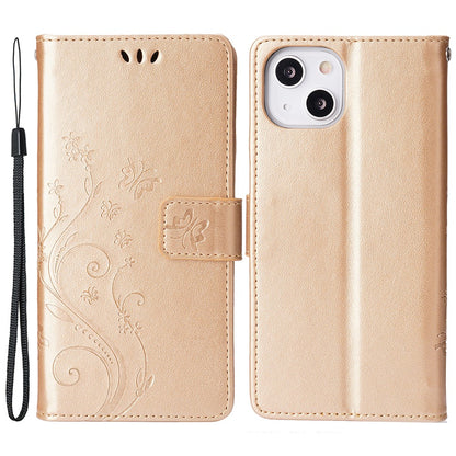 For iPhone 15 Imprinted Butterflies Mobile Phone  Stand Case PU Leather Wallet Shell with Strap