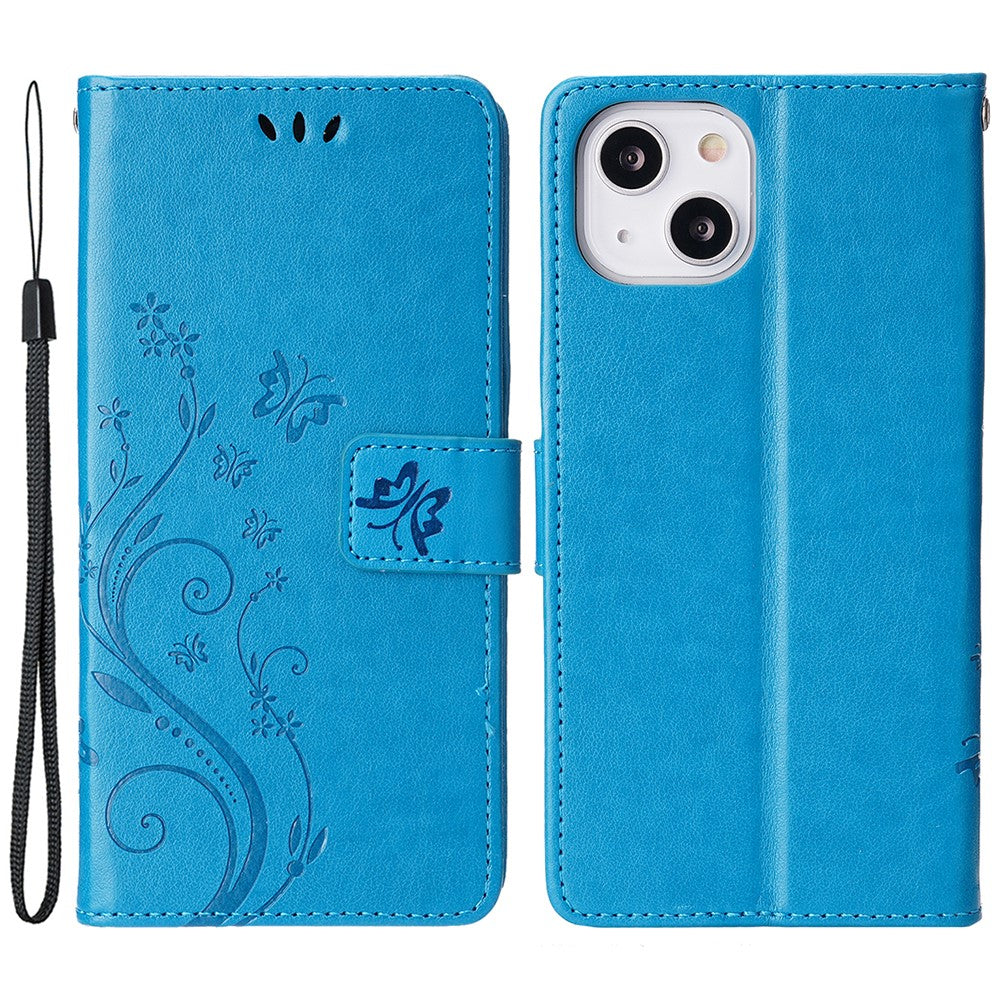 For iPhone 15 Imprinted Butterflies Mobile Phone  Stand Case PU Leather Wallet Shell with Strap