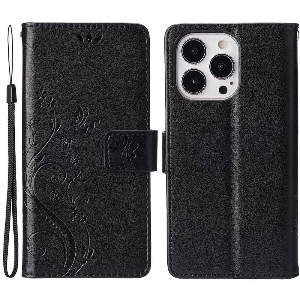 For iPhone 15 Pro Phone Protector Shell Imprinted Butterflies PU Leather Wallet Stand Cover with Strap