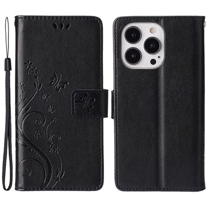 For iPhone 15 Pro Phone Protector Shell Imprinted Butterflies PU Leather Wallet Stand Cover with Strap