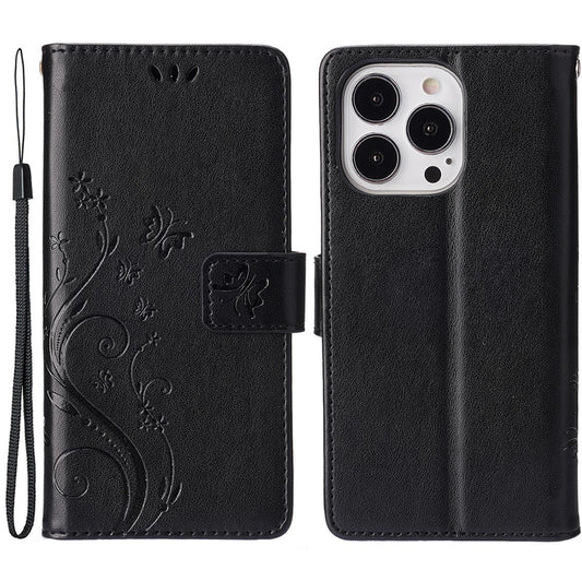 For iPhone 15 Pro Phone Protector Shell Imprinted Butterflies PU Leather Wallet Stand Cover with Strap