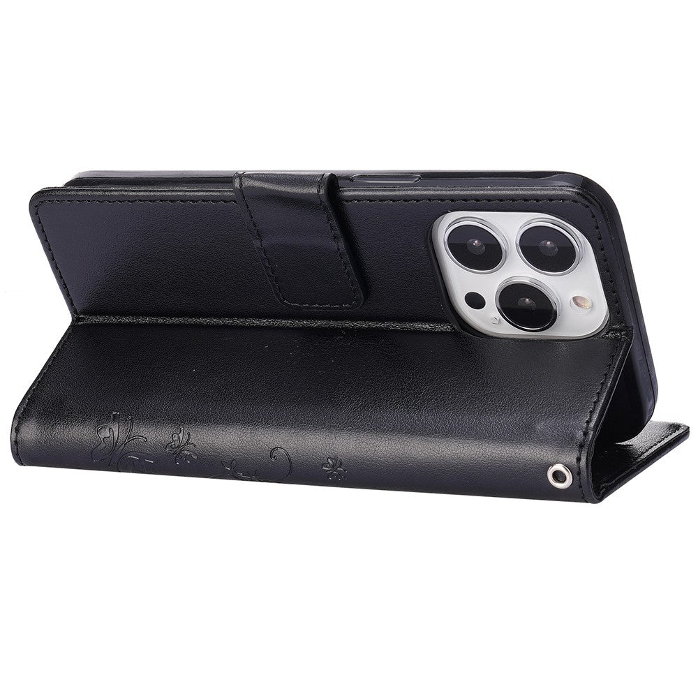 For iPhone 15 Pro Phone Protector Shell Imprinted Butterflies PU Leather Wallet Stand Cover with Strap