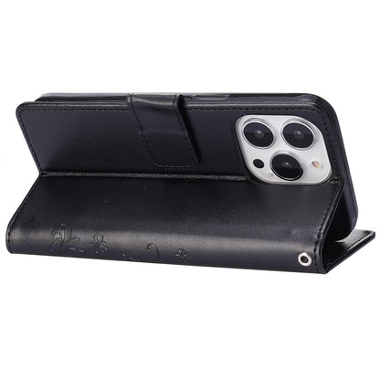 For iPhone 15 Pro Phone Protector Shell Imprinted Butterflies PU Leather Wallet Stand Cover with Strap