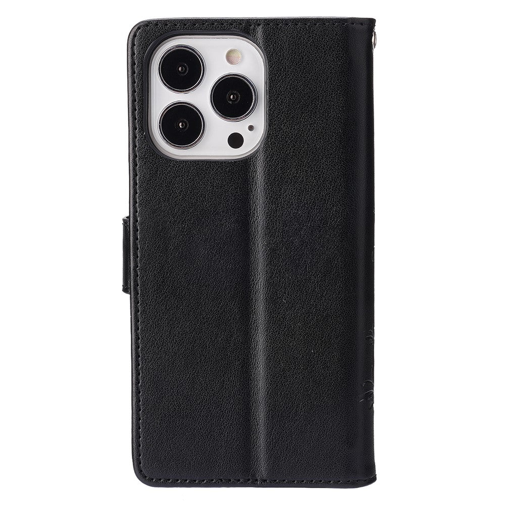 For iPhone 15 Pro Phone Protector Shell Imprinted Butterflies PU Leather Wallet Stand Cover with Strap