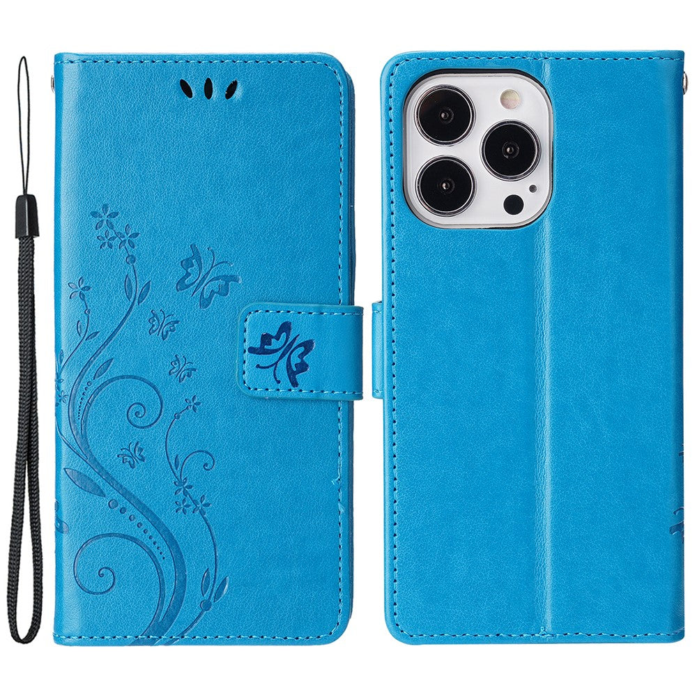 For iPhone 15 Pro Phone Protector Shell Imprinted Butterflies PU Leather Wallet Stand Cover with Strap