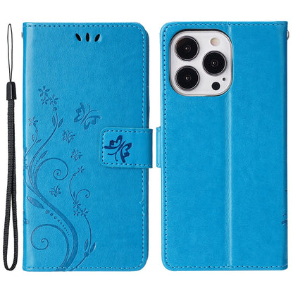 For iPhone 15 Pro Phone Protector Shell Imprinted Butterflies PU Leather Wallet Stand Cover with Strap