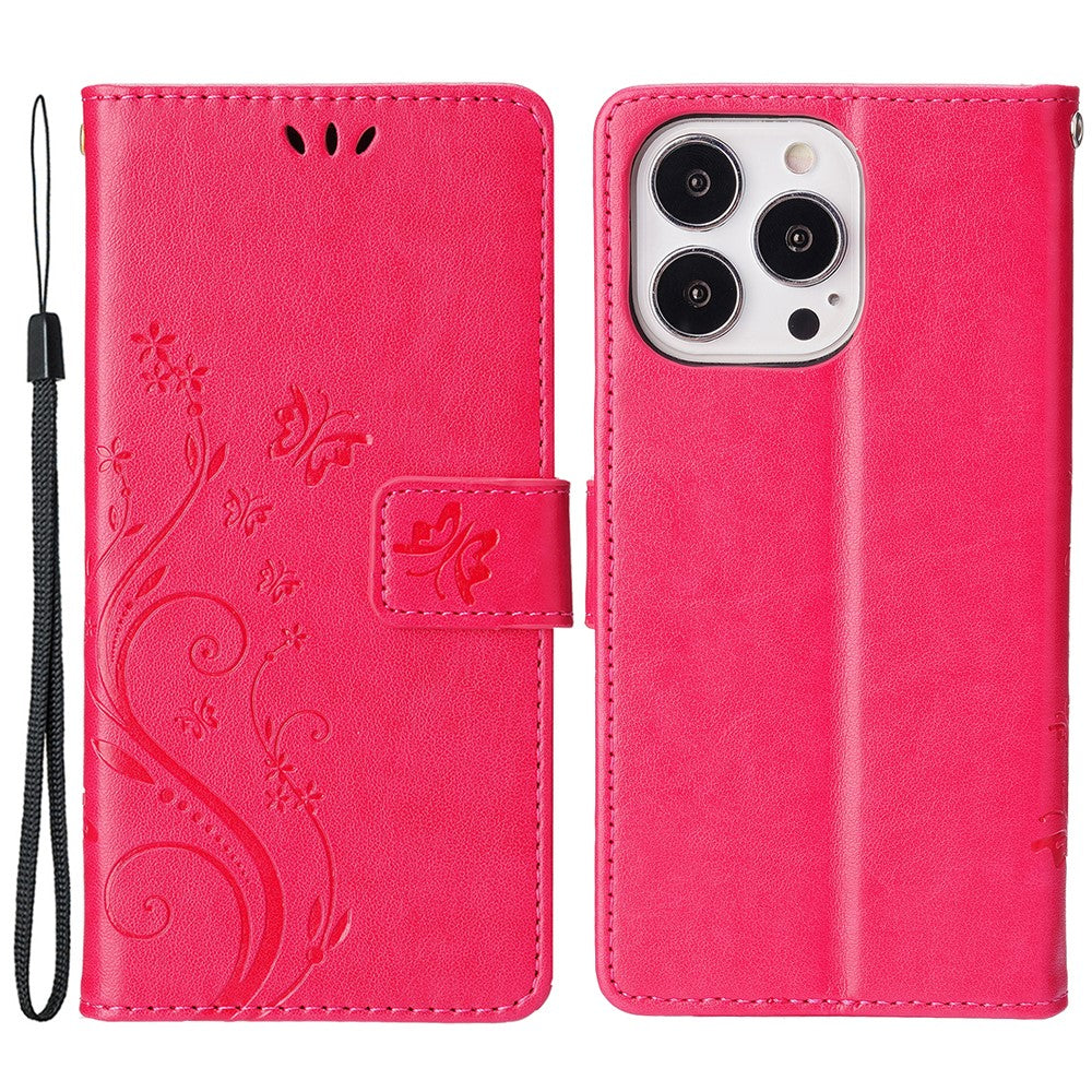 For iPhone 15 Pro Phone Protector Shell Imprinted Butterflies PU Leather Wallet Stand Cover with Strap