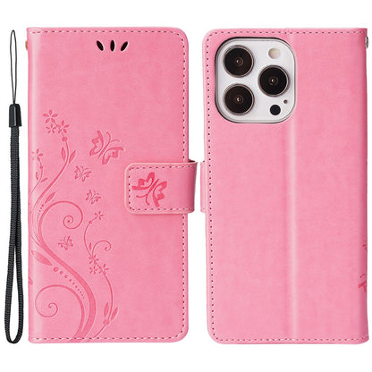 For iPhone 15 Pro Phone Protector Shell Imprinted Butterflies PU Leather Wallet Stand Cover with Strap