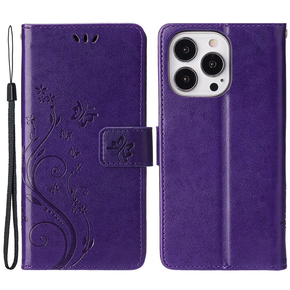 For iPhone 15 Pro Phone Protector Shell Imprinted Butterflies PU Leather Wallet Stand Cover with Strap