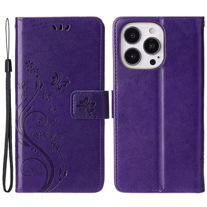 For iPhone 15 Pro Phone Protector Shell Imprinted Butterflies PU Leather Wallet Stand Cover with Strap