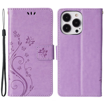 For iPhone 15 Pro Phone Protector Shell Imprinted Butterflies PU Leather Wallet Stand Cover with Strap