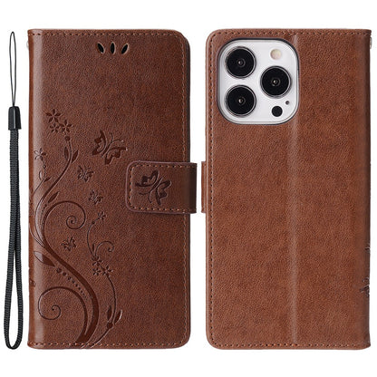 For iPhone 15 Pro Phone Protector Shell Imprinted Butterflies PU Leather Wallet Stand Cover with Strap