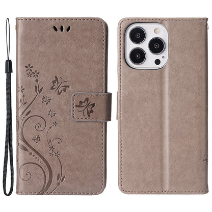 For iPhone 15 Pro Phone Protector Shell Imprinted Butterflies PU Leather Wallet Stand Cover with Strap