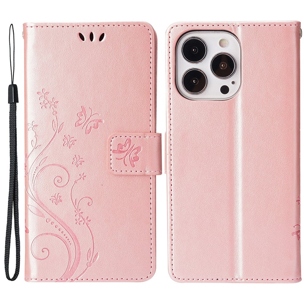 For iPhone 15 Pro Phone Protector Shell Imprinted Butterflies PU Leather Wallet Stand Cover with Strap