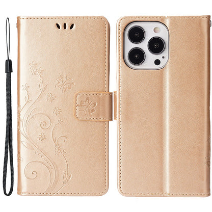 For iPhone 15 Pro Phone Protector Shell Imprinted Butterflies PU Leather Wallet Stand Cover with Strap