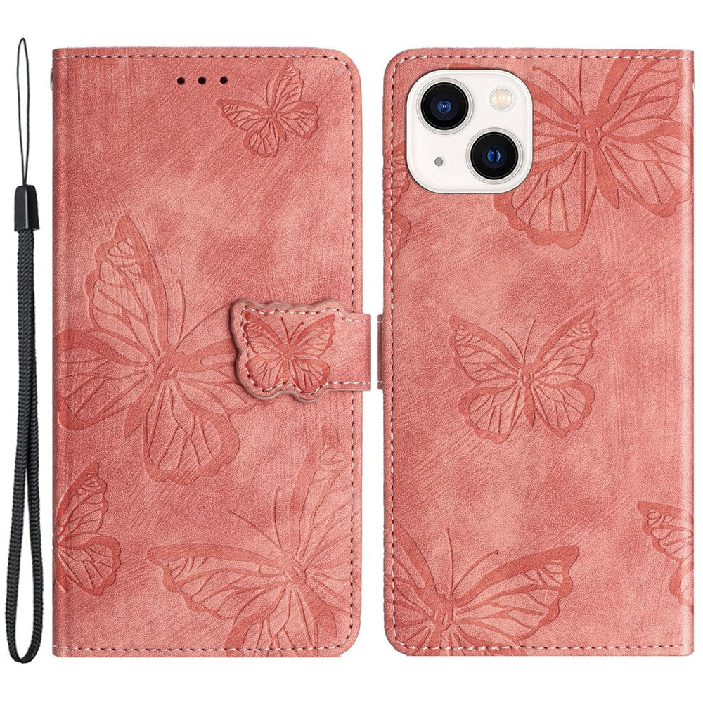 Imprinted Butterflies Phone Case for iPhone 15 , Skin-touch PU Leather Wallet Stand Cover with Strap