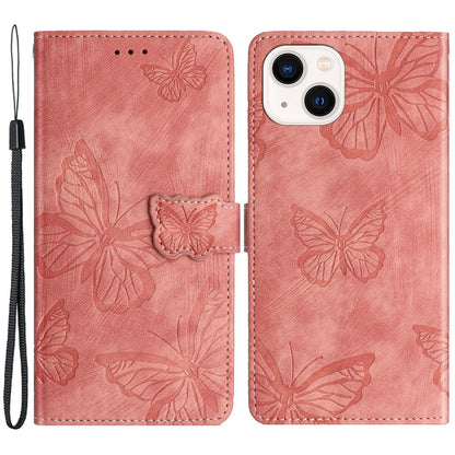 Imprinted Butterflies Phone Case for iPhone 15 , Skin-touch PU Leather Wallet Stand Cover with Strap