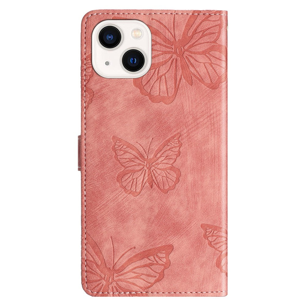 Imprinted Butterflies Phone Case for iPhone 15 , Skin-touch PU Leather Wallet Stand Cover with Strap