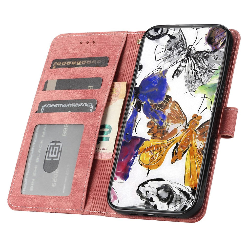 Imprinted Butterflies Phone Case for iPhone 15 , Skin-touch PU Leather Wallet Stand Cover with Strap