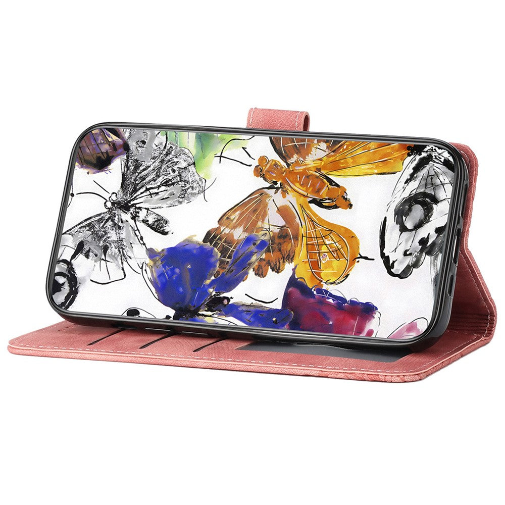Imprinted Butterflies Phone Case for iPhone 15 , Skin-touch PU Leather Wallet Stand Cover with Strap
