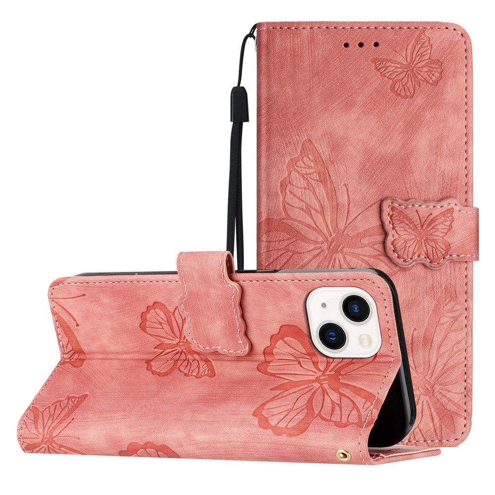 Imprinted Butterflies Phone Case for iPhone 15 , Skin-touch PU Leather Wallet Stand Cover with Strap