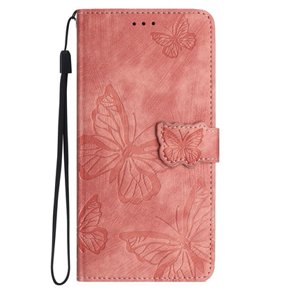 Imprinted Butterflies Phone Case for iPhone 15 , Skin-touch PU Leather Wallet Stand Cover with Strap