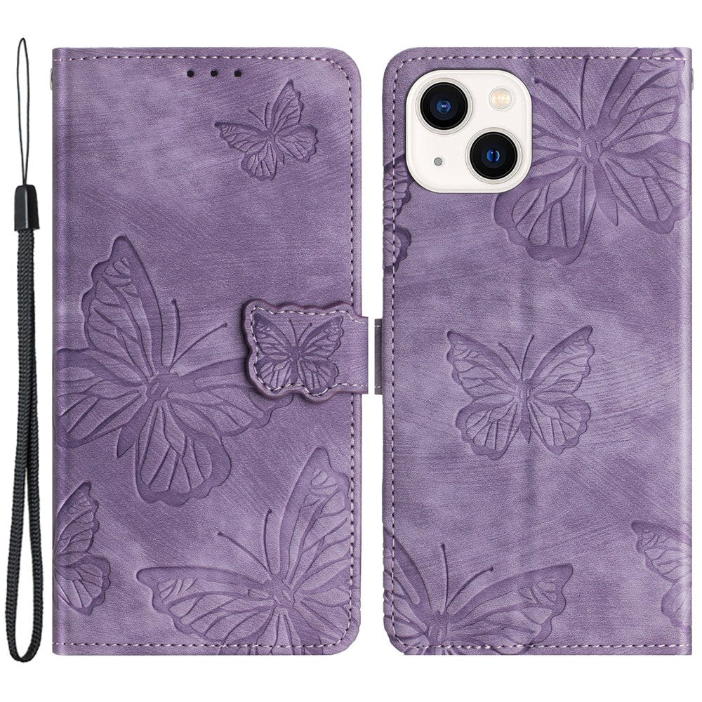 Imprinted Butterflies Phone Case for iPhone 15 , Skin-touch PU Leather Wallet Stand Cover with Strap