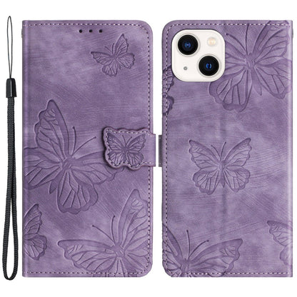 Imprinted Butterflies Phone Case for iPhone 15 , Skin-touch PU Leather Wallet Stand Cover with Strap