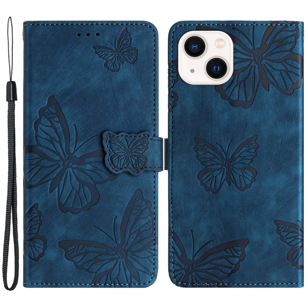 For iPhone 15 Plus Imprinted Butterflies Phone Case PU Leather Wallet Stand Skin-touch Cover with Strap