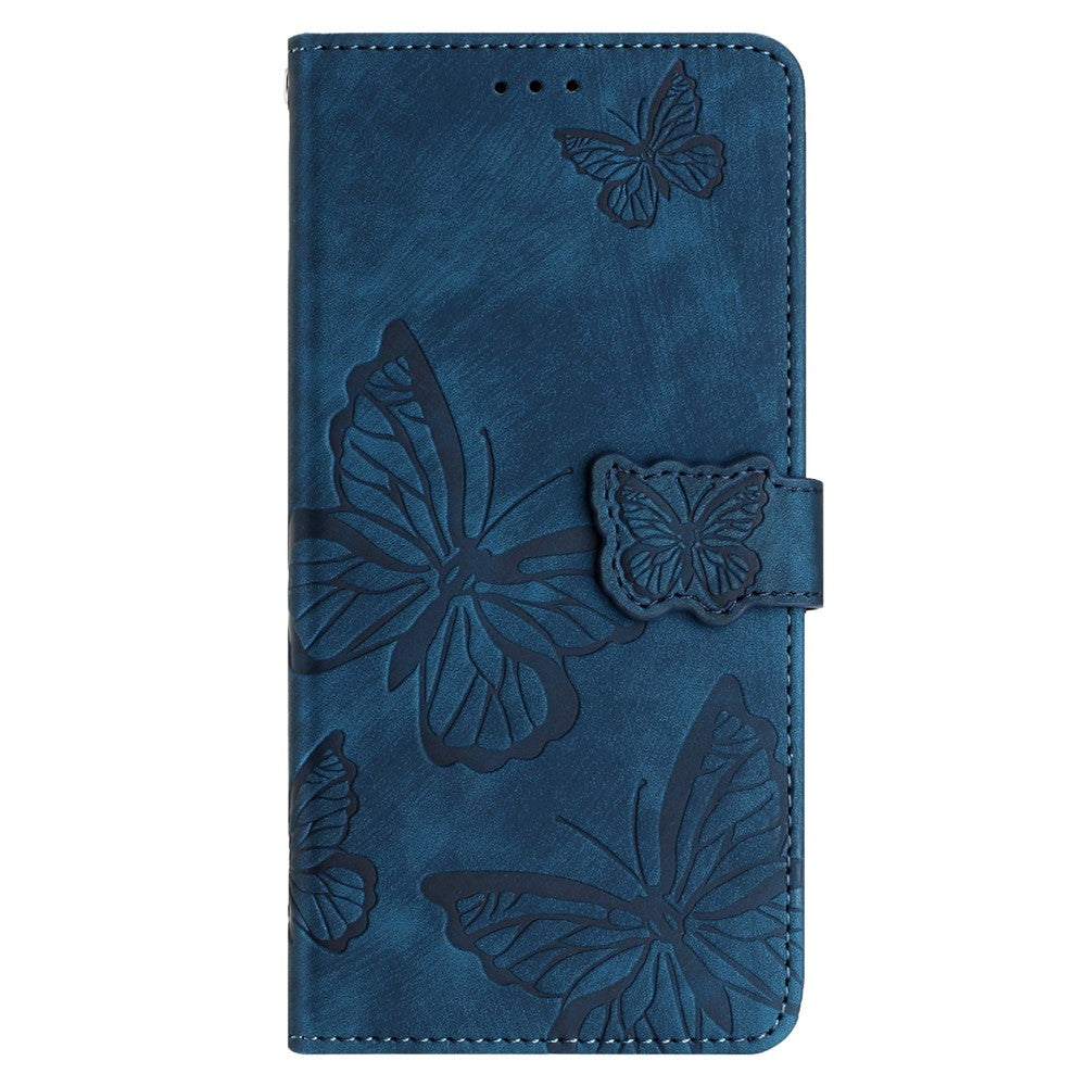 For iPhone 15 Plus Imprinted Butterflies Phone Case PU Leather Wallet Stand Skin-touch Cover with Strap