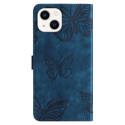 For iPhone 15 Plus Imprinted Butterflies Phone Case PU Leather Wallet Stand Skin-touch Cover with Strap