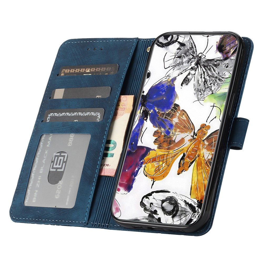 For iPhone 15 Plus Imprinted Butterflies Phone Case PU Leather Wallet Stand Skin-touch Cover with Strap