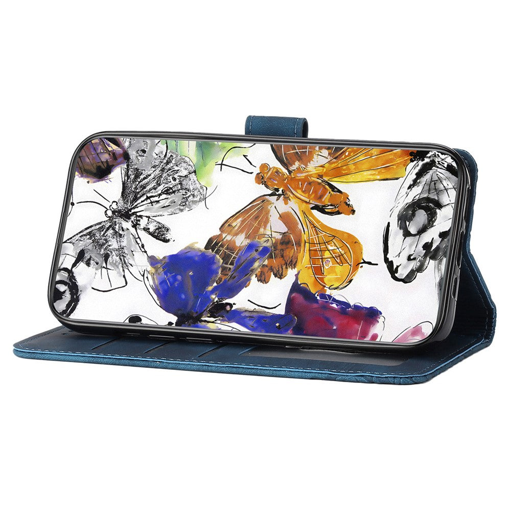 For iPhone 15 Plus Imprinted Butterflies Phone Case PU Leather Wallet Stand Skin-touch Cover with Strap