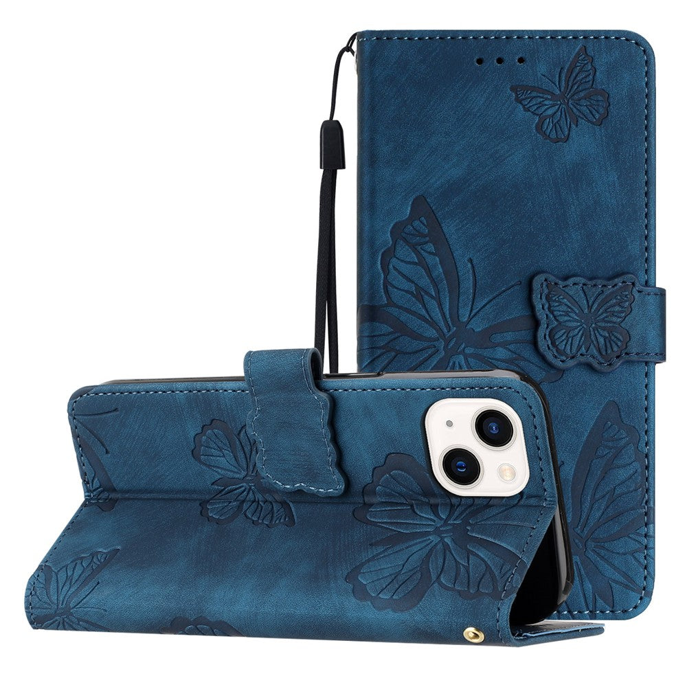 For iPhone 15 Plus Imprinted Butterflies Phone Case PU Leather Wallet Stand Skin-touch Cover with Strap