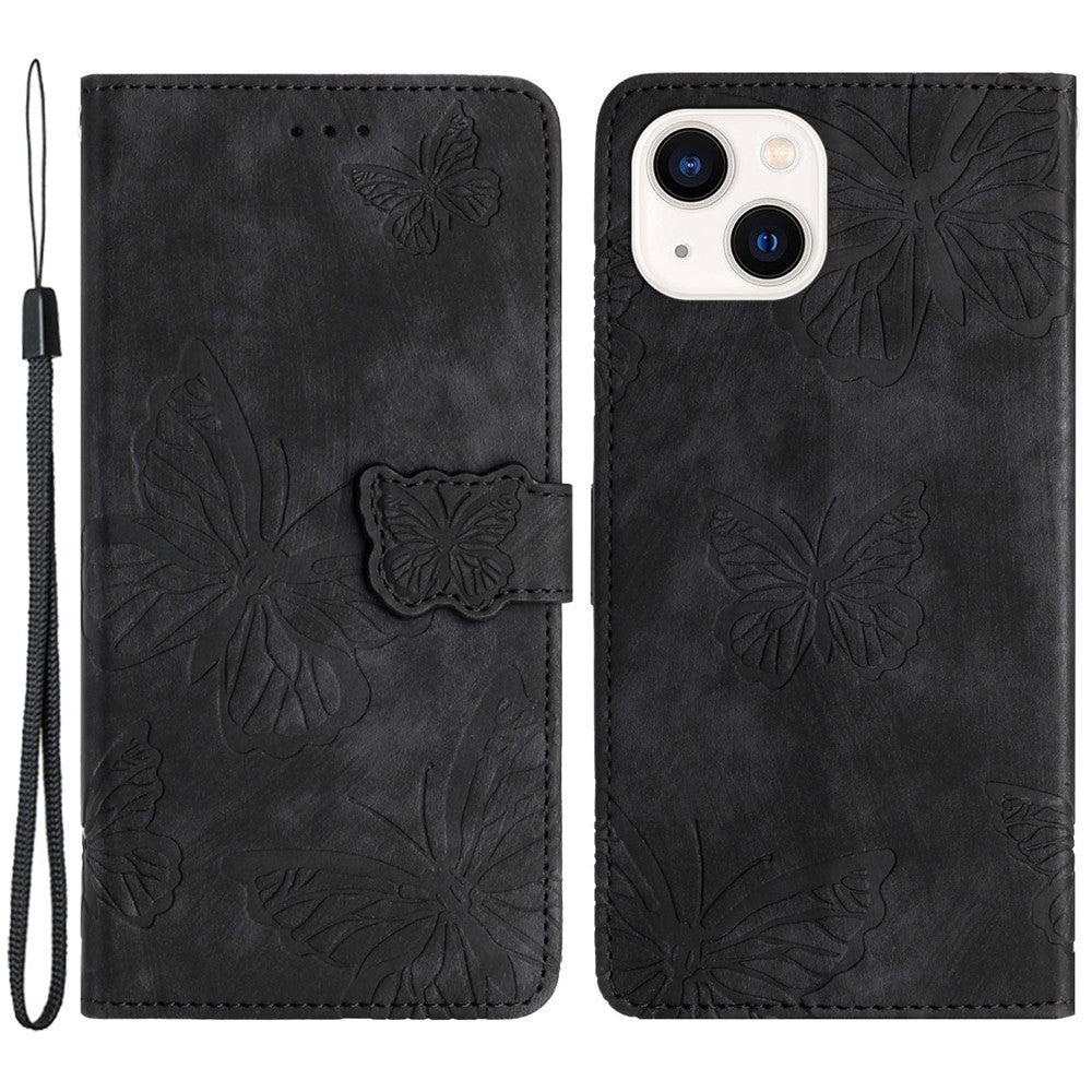 For iPhone 15 Plus Imprinted Butterflies Phone Case PU Leather Wallet Stand Skin-touch Cover with Strap