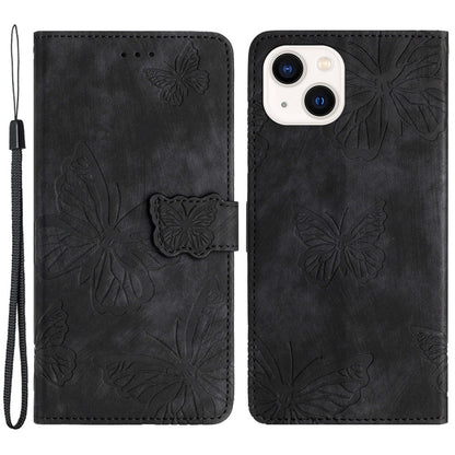 For iPhone 15 Plus Imprinted Butterflies Phone Case PU Leather Wallet Stand Skin-touch Cover with Strap
