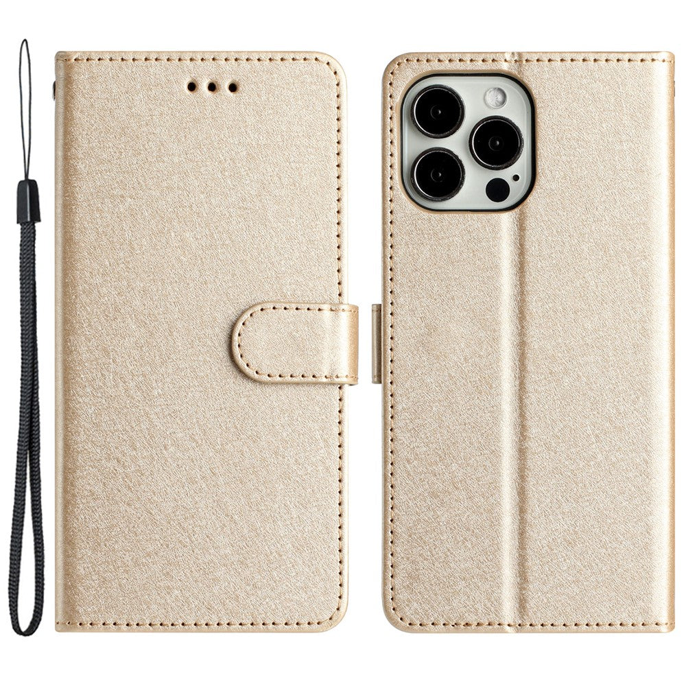 For iPhone 15 Pro Max Protective Case, PU Leather+TPU Silk Texture Wallet Stand Phone Cover with Strap