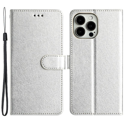 For iPhone 15 Pro Max Protective Case, PU Leather+TPU Silk Texture Wallet Stand Phone Cover with Strap