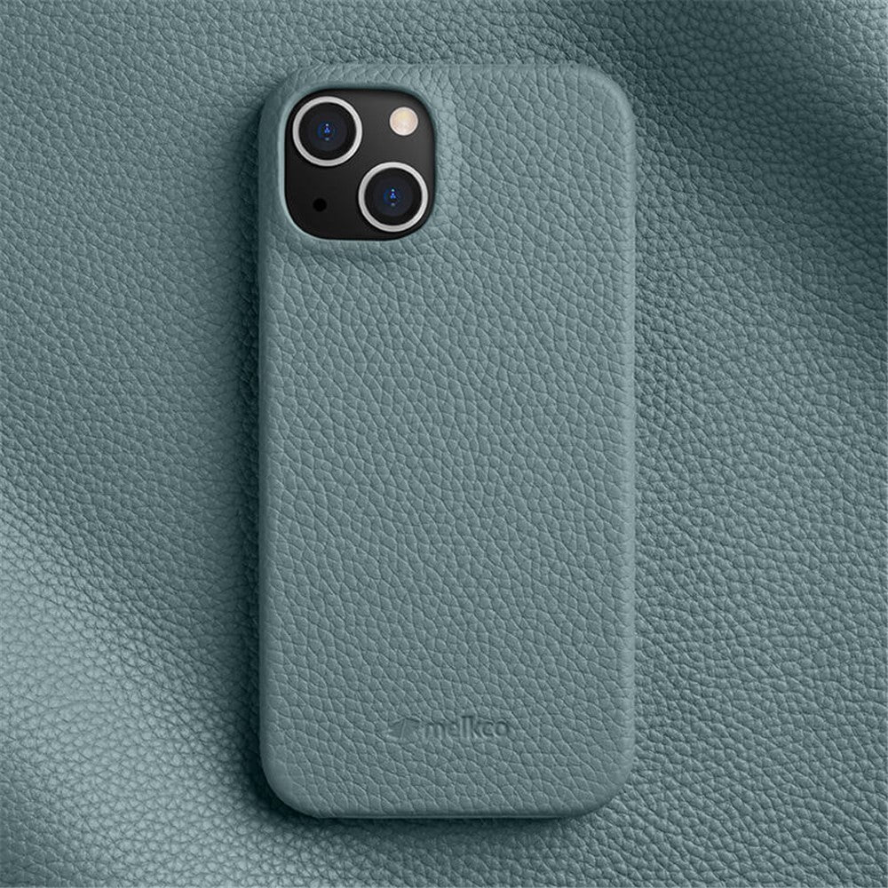 MELKCO For iPhone 14 Plus Anti-drop Cell Phone Case Genuine Cow Leather Coated PC Cover