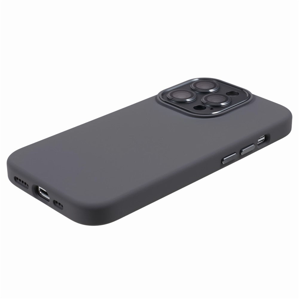 For iPhone 15 Pro Liquid Silicone+PC Back Case Aluminum Alloy+Tempered Glass Lens Protection Phone Cover