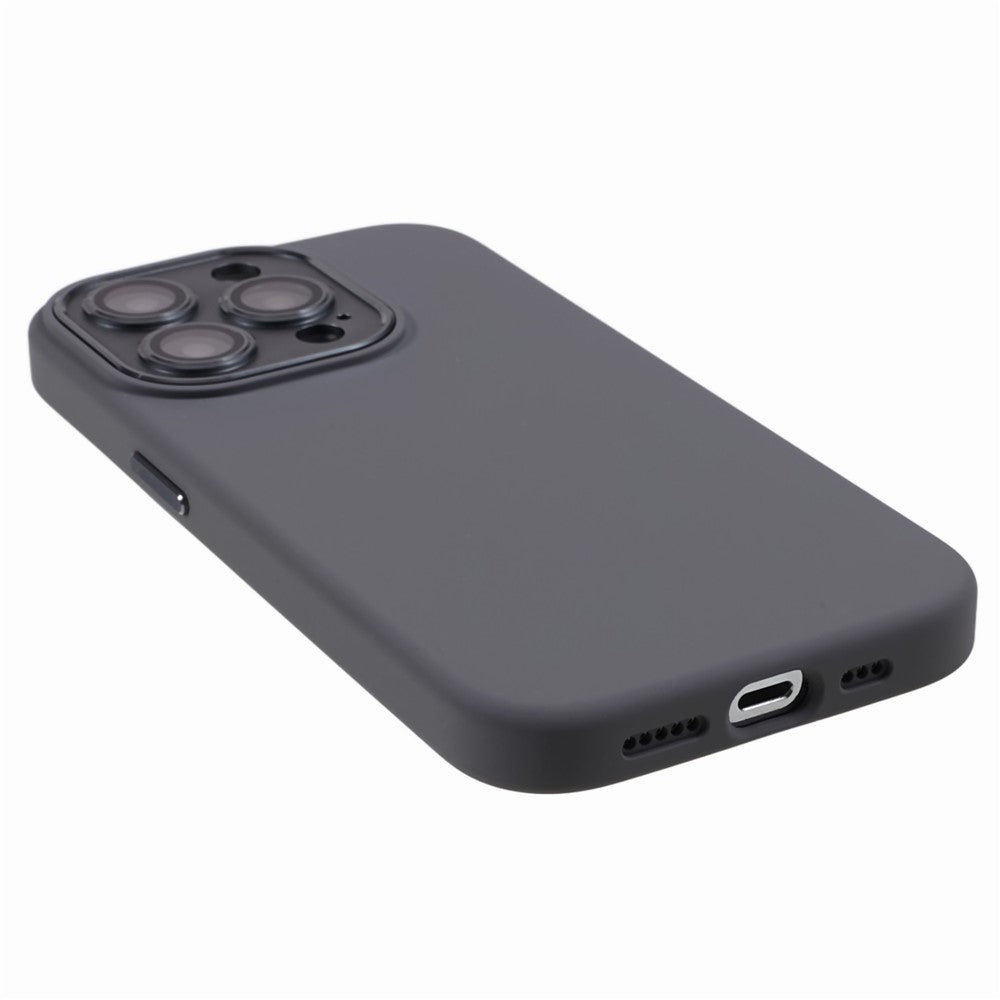 For iPhone 15 Pro Liquid Silicone+PC Back Case Aluminum Alloy+Tempered Glass Lens Protection Phone Cover
