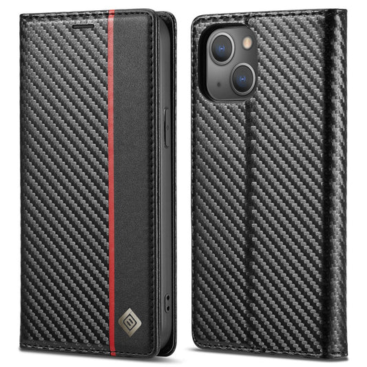 LC.IMEEKE For iPhone 15 Plus Folio Flip Leather Stand Cover Carbon Fiber Texture Wallet Phone Case