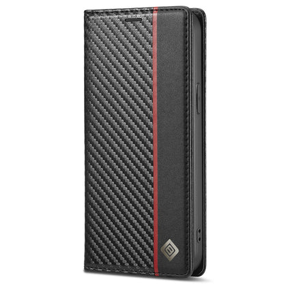 LC.IMEEKE For iPhone 15 Plus Folio Flip Leather Stand Cover Carbon Fiber Texture Wallet Phone Case