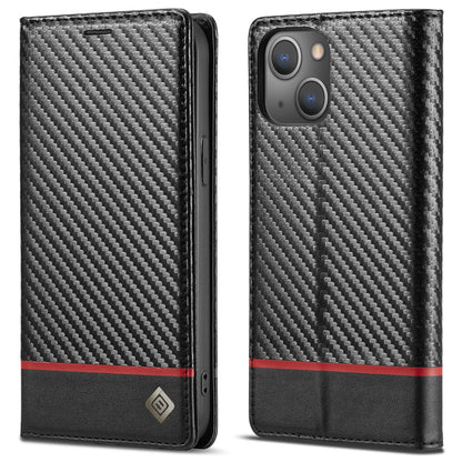 LC.IMEEKE For iPhone 15 Plus Folio Flip Leather Stand Cover Carbon Fiber Texture Wallet Phone Case