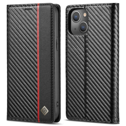 LC.IMEEKE For iPhone 15 Scratch Resistant Leather Stand Cover Carbon Fiber Texture Wallet Phone Case