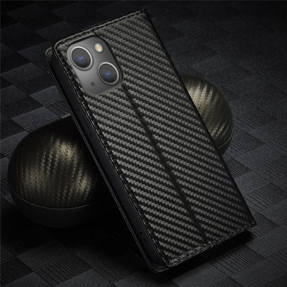LC.IMEEKE For iPhone 15 Scratch Resistant Leather Stand Cover Carbon Fiber Texture Wallet Phone Case