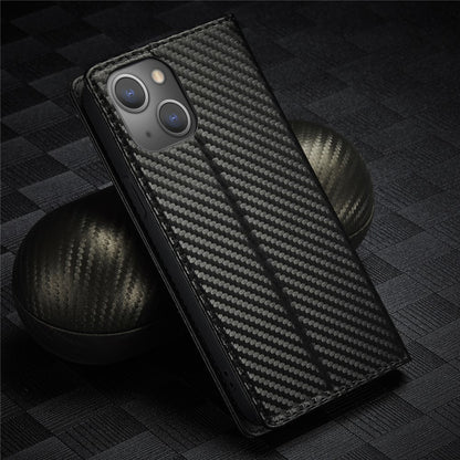 LC.IMEEKE For iPhone 15 Scratch Resistant Leather Stand Cover Carbon Fiber Texture Wallet Phone Case