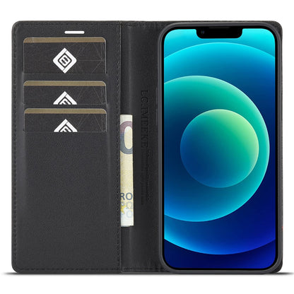 LC.IMEEKE For iPhone 15 Scratch Resistant Leather Stand Cover Carbon Fiber Texture Wallet Phone Case